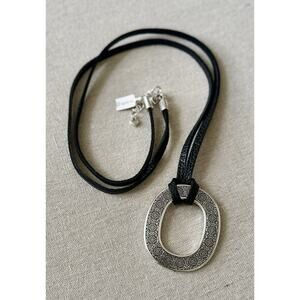 Brighton FERRARA LEATHER Silver Oval Scroll BLACK Long Necklace MSRP $68 NWT